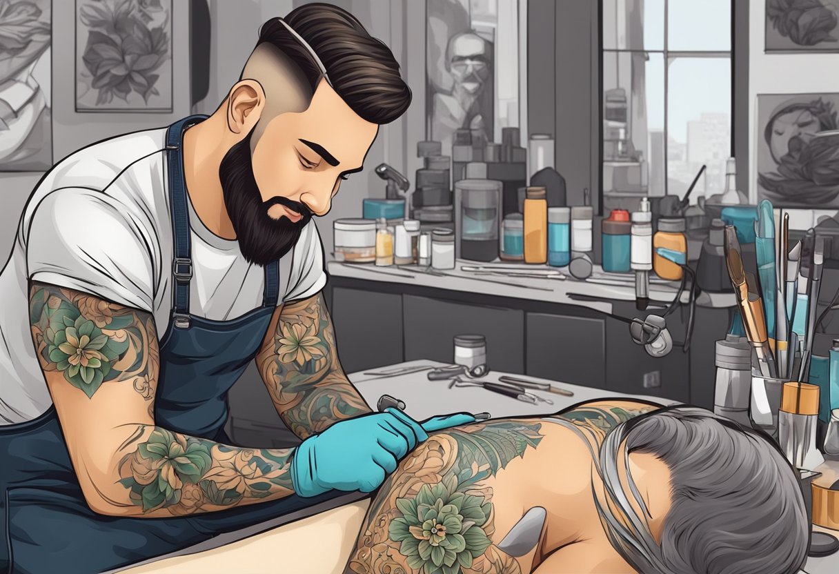 Um tatuador em Curitiba prepara cuidadosamente a pele e os equipamentos antes de criar uma tatuagem, e depois fornece instruções de cuidados pós-tatuagem ao cliente.