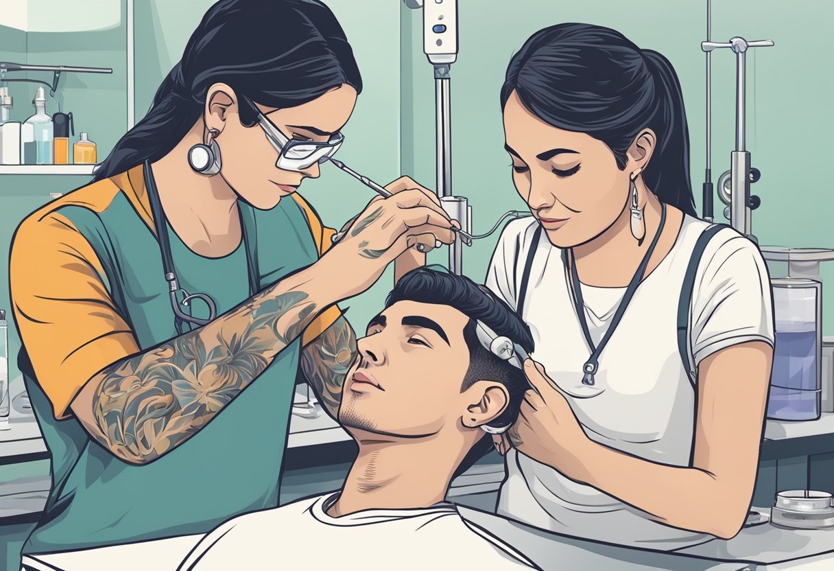 Um piercer profissional em Curitiba esterilizando cuidadosamente os equipamentos e marcando a orelha de um cliente para um novo piercing.