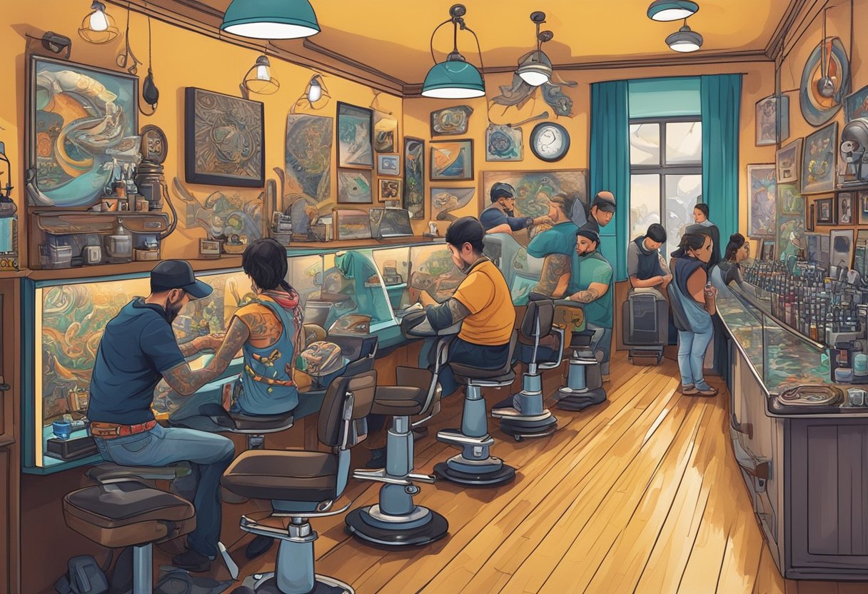Um movimentado estúdio de tatuagem em Curitiba, com artistas trabalhando entre designs vibrantes e máquinas de tatuagem zumbindo.