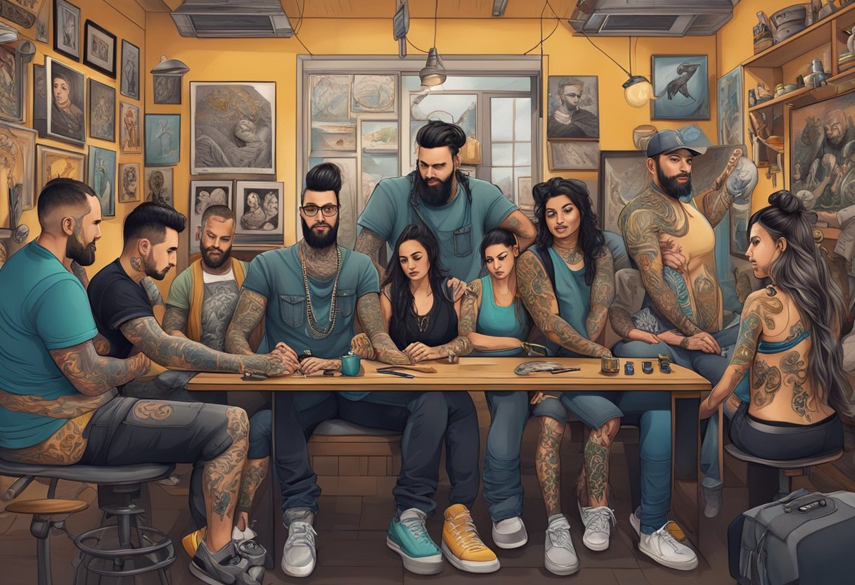Um grupo diversificado de tatuadores em Curitiba exibindo vários estilos de tatuagem em um ambiente de estúdio vibrante e artístico.