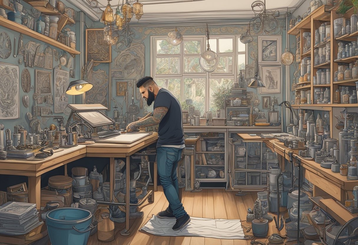 Um tatuador seleciona cuidadosamente os equipamentos em um estúdio bem iluminado em Curitiba, cercado por designs intrincados e materiais de referência.