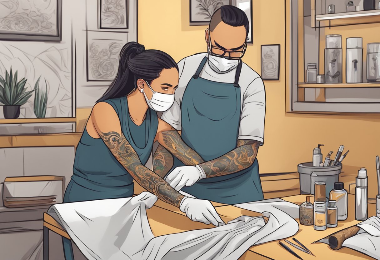 Um tatuador em Curitiba prepara cuidadosamente a pele antes de aplicar o desenho, e depois fornece instruções de cuidados pós-tatuagem ao cliente.