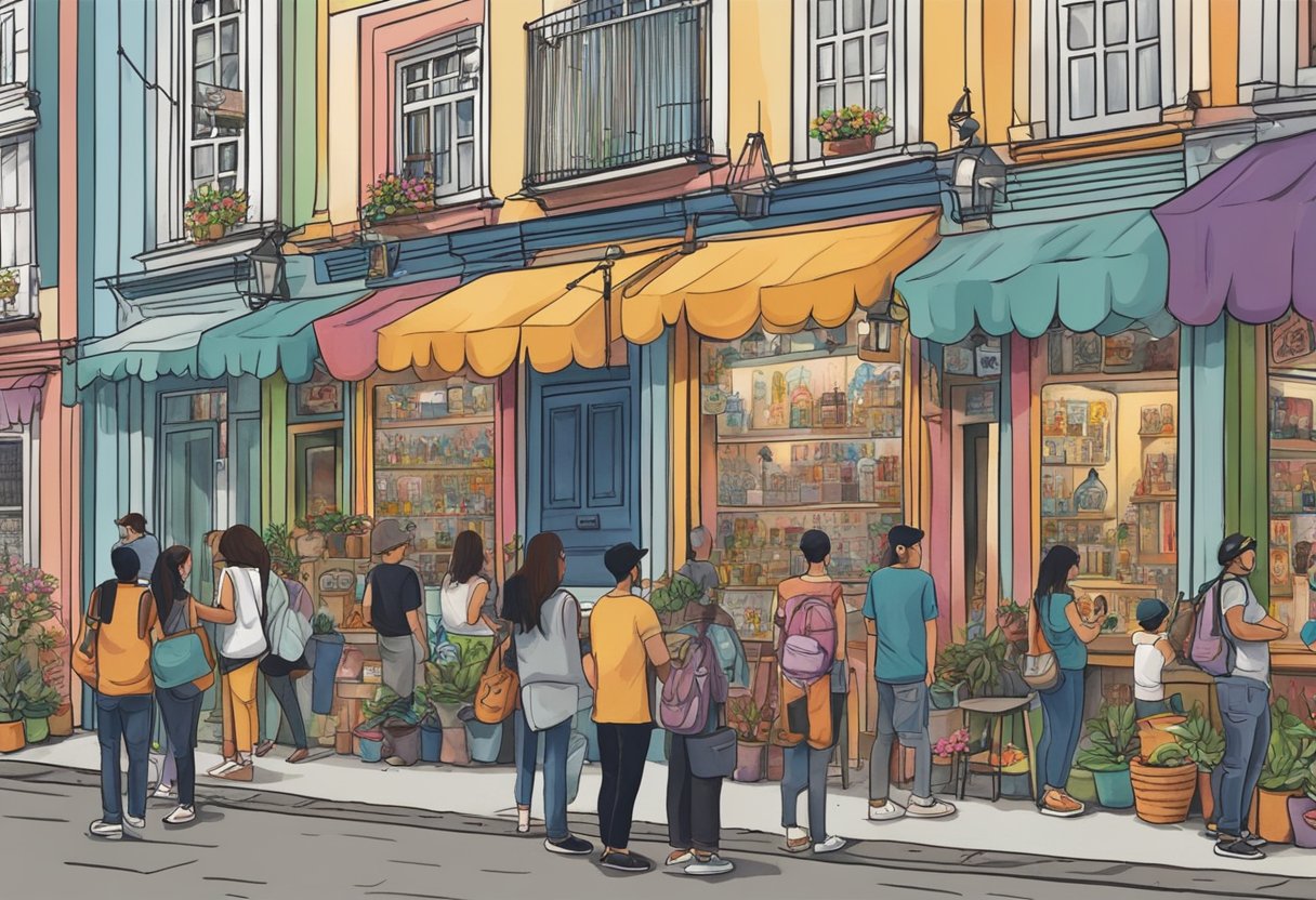 Uma rua movimentada em Curitiba, com vitrines coloridas exibindo designs de tatuagens. Clientes admiram as obras de arte enquanto artistas trabalham dentro dos estúdios.