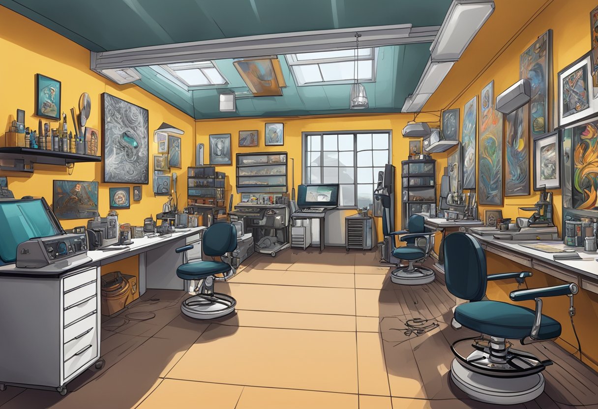 Um estúdio de tatuagem movimentado em Curitiba, cheio de obras de arte vibrantes, equipamentos modernos e técnicas inovadoras sendo utilizadas por artistas habilidosos.