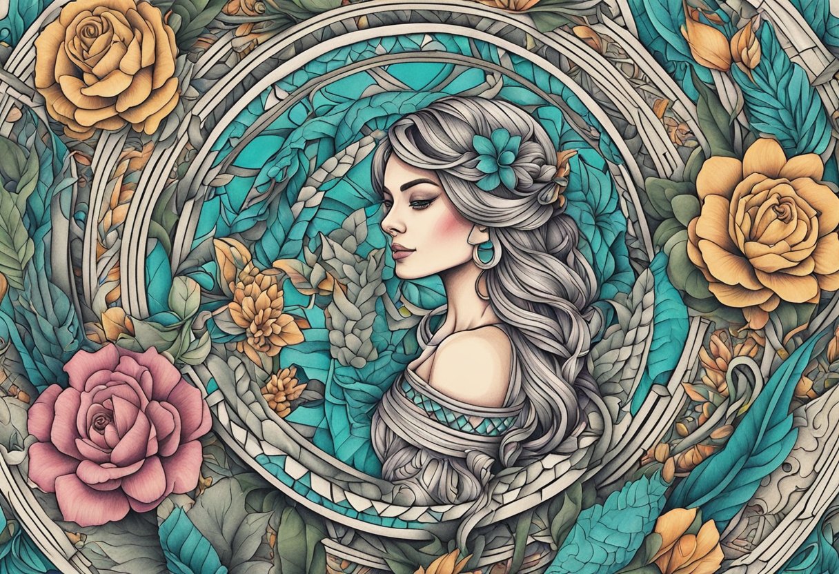 Um tatuador em Curitiba cuidadosamente desenha uma tatuagem única e intrincada, usando cores vibrantes e linhas precisas para expressar a história pessoal do cliente.