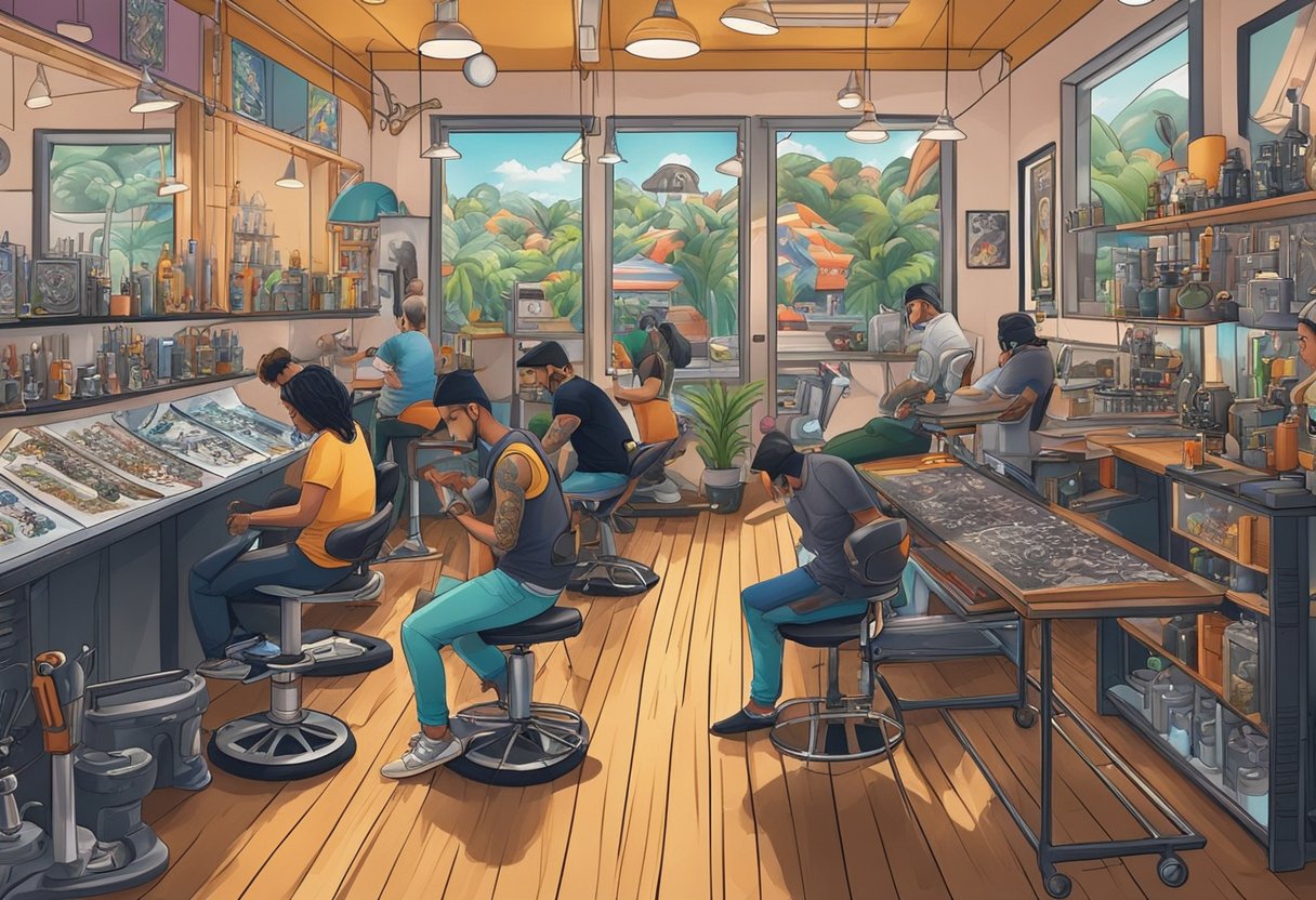 Um estúdio de tatuagem movimentado em Curitiba, com artistas trabalhando entre designs coloridos e máquinas de tatuagem zumbindo.