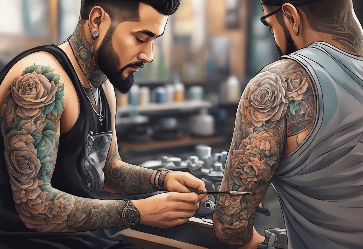 Um tatuador em Curitiba cria cuidadosamente um design usando ferramentas e técnicas precisas.