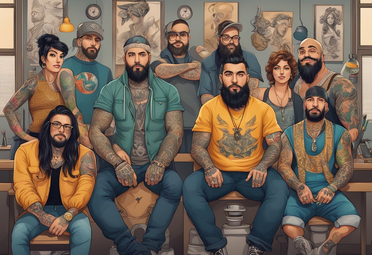 Um grupo diversificado de tatuadores em Curitiba, cada um exibindo seus designs únicos e originais em um ambiente de estúdio vibrante e criativo.