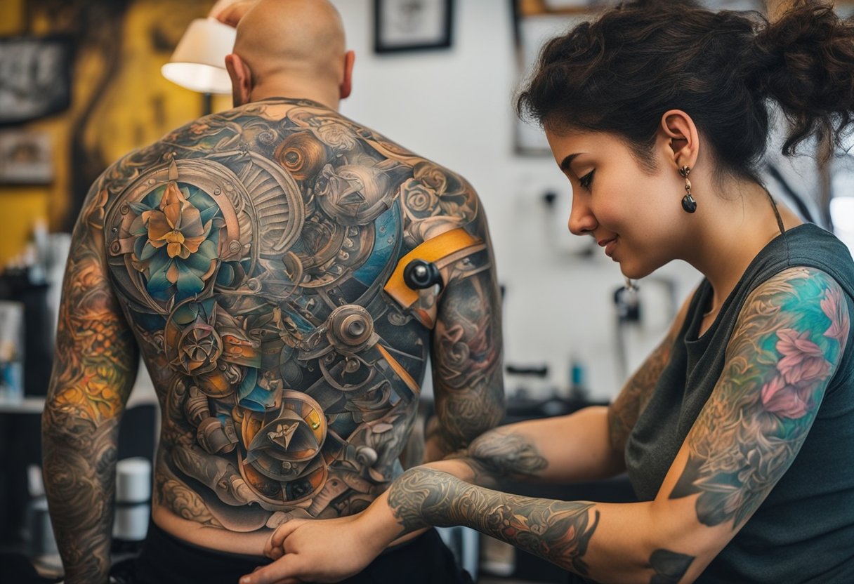 Um tatuador em Curitiba, Brasil, cria cuidadosamente um design na pele de um cliente no estúdio O Processo de Tatuagem. A sala está cheia de obras de arte coloridas e o zumbido das máquinas de tatuagem.