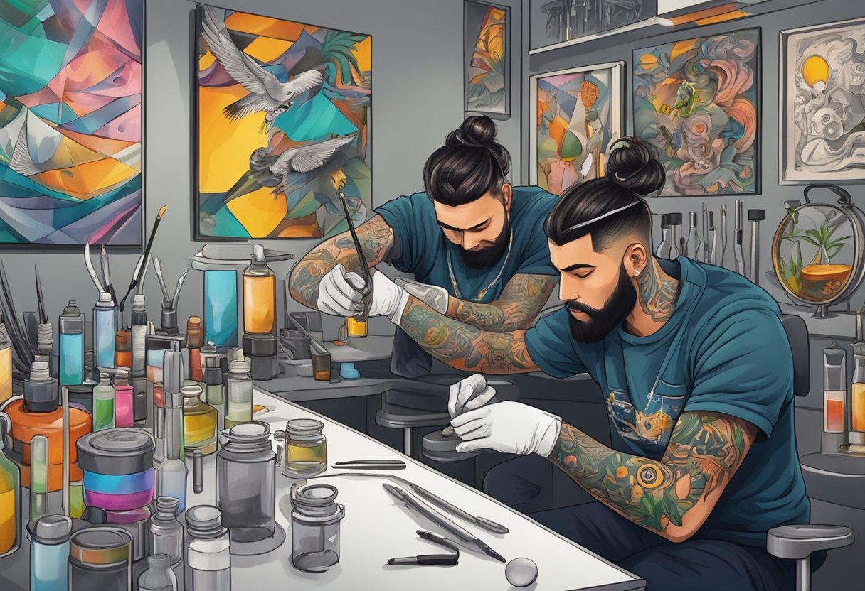 Um tatuador aplica cuidadosamente pomada em um design recém-tatuado, cercado por equipamentos estéreis e obras de arte coloridas em um estúdio de tatuagem moderno em Curitiba.