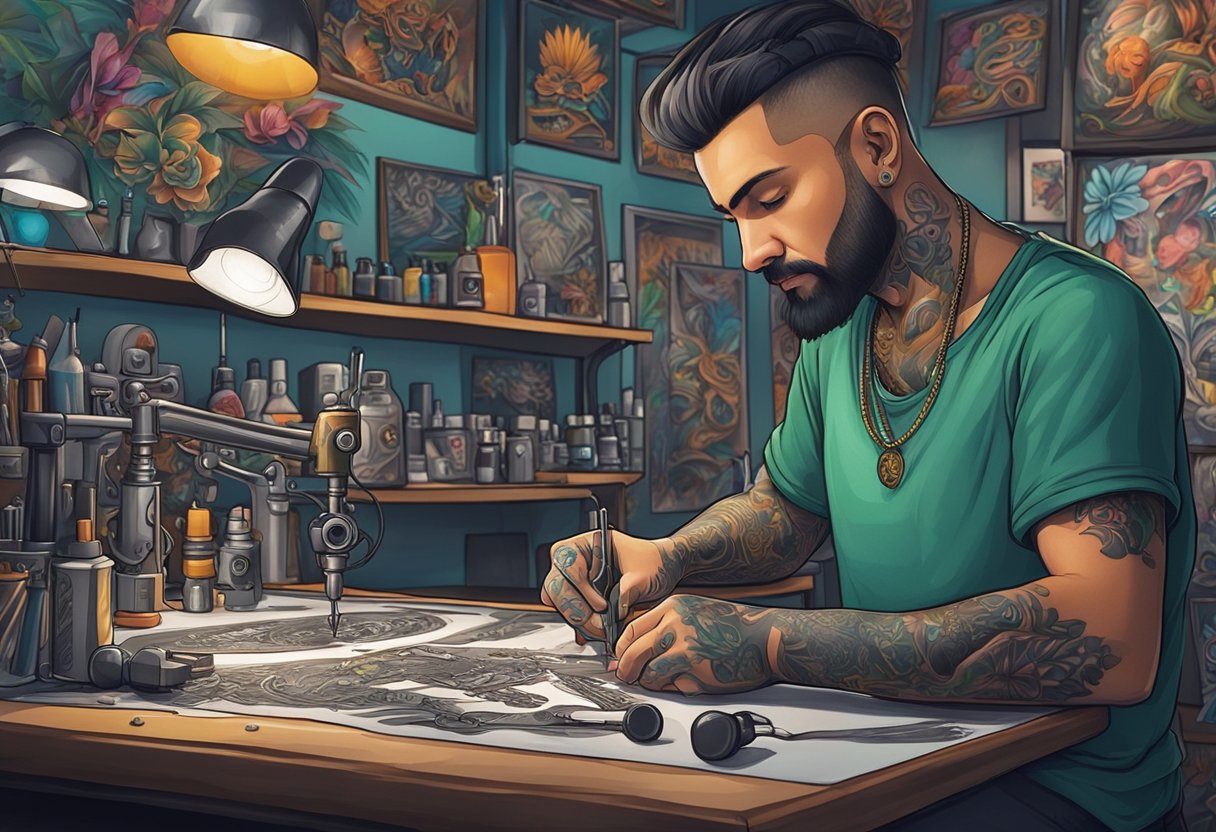 Um tatuador cria cuidadosamente um design em um estúdio de tatuagem movimentado em Curitiba, cercado por obras de arte vibrantes e máquinas de tatuagem zumbindo.