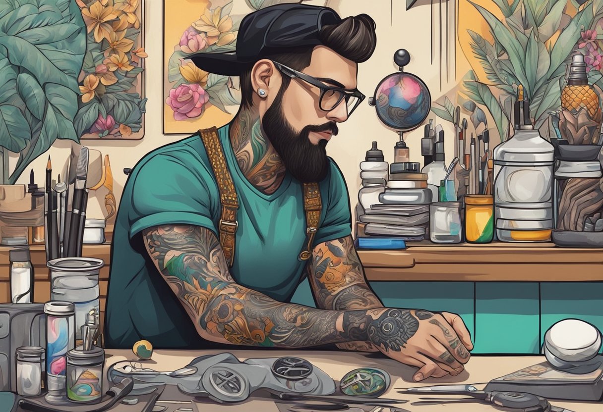 Um tatuador em Curitiba cria cuidadosamente um design na pele de um cliente, cercado por obras de arte coloridas e equipamentos de tatuagem.