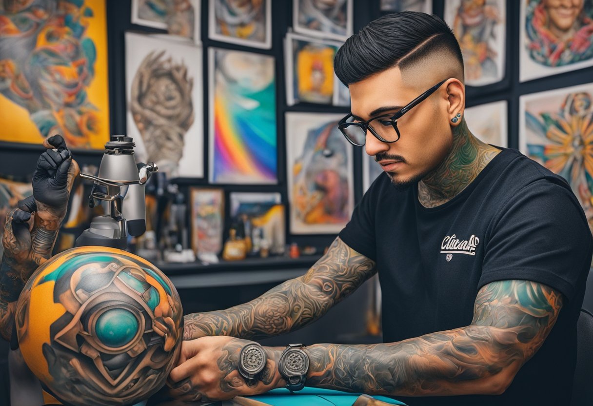 Um tatuador em Curitiba recria meticulosamente um design realista na pele de um cliente, cercado por obras de arte vibrantes e coloridas e equipamentos de tatuagem.