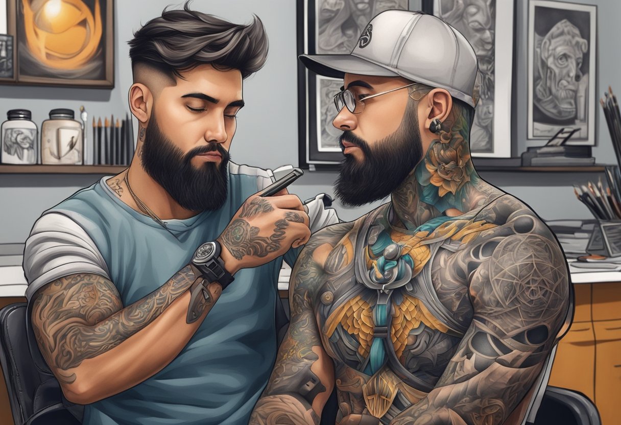 Um tatuador em Curitiba cria um design de tatuagem realista, cercado por equipamentos de tatuagem modernos e designs inovadores.