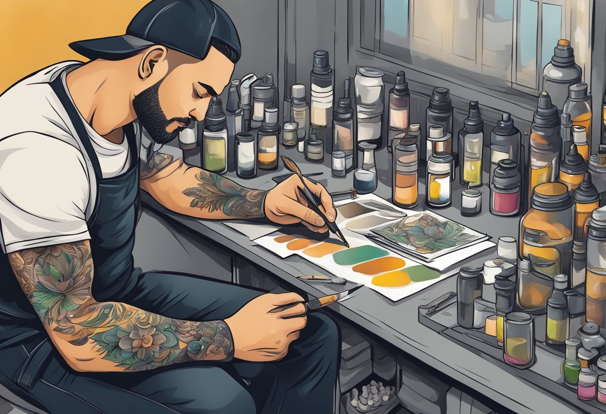 Um tatuador em Curitiba seleciona cuidadosamente as cores da tinta e prepara seu equipamento antes de começar um novo design.