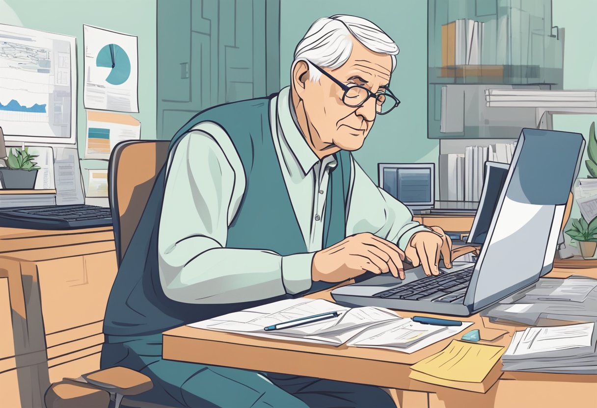 An elderly person sits at a computer, surrounded by notes and charts. They are focused and determined, typing and researching with a sense of purpose