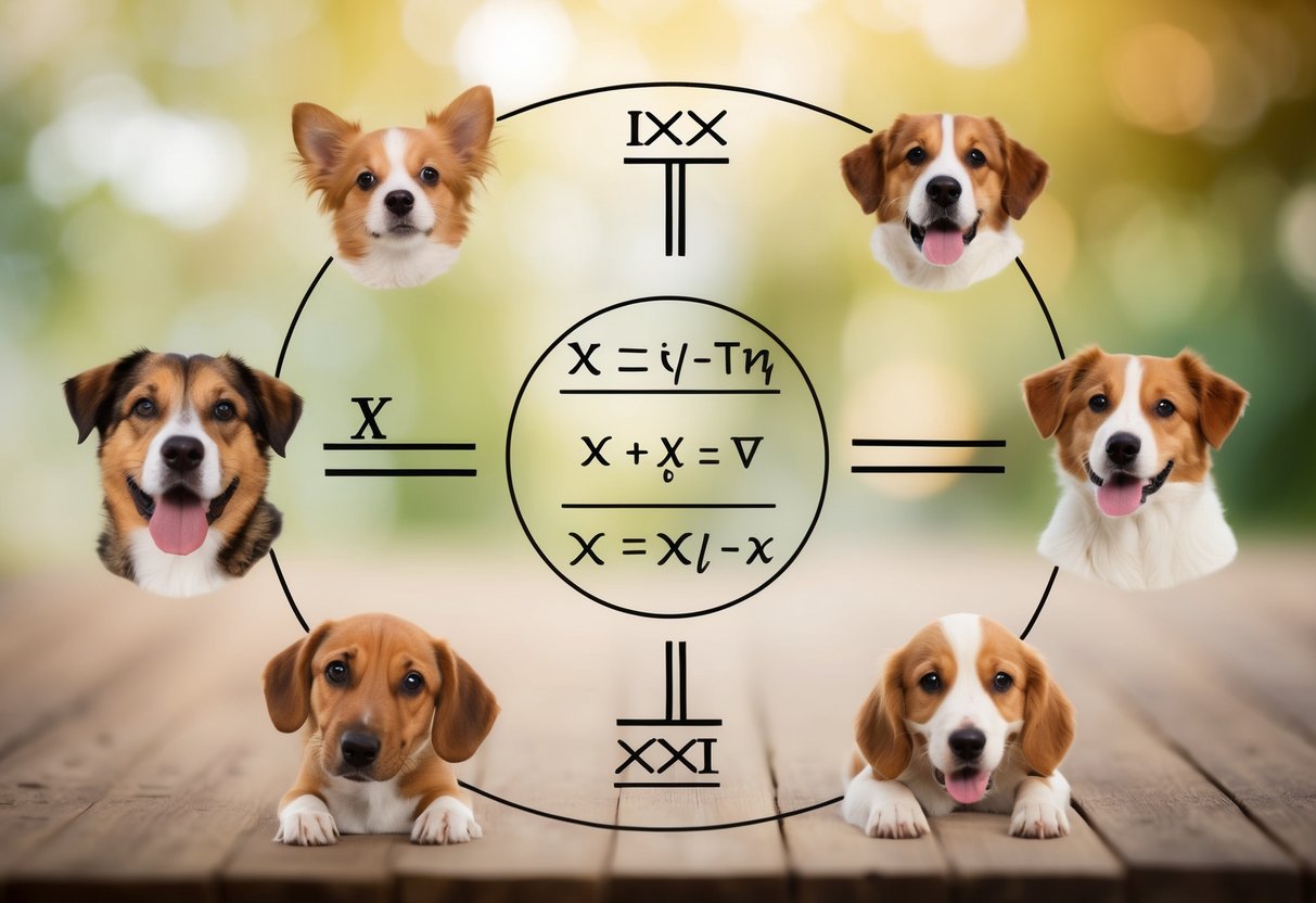 Ancient Greek symbols surround adorable dog breeds in a mathematical formula