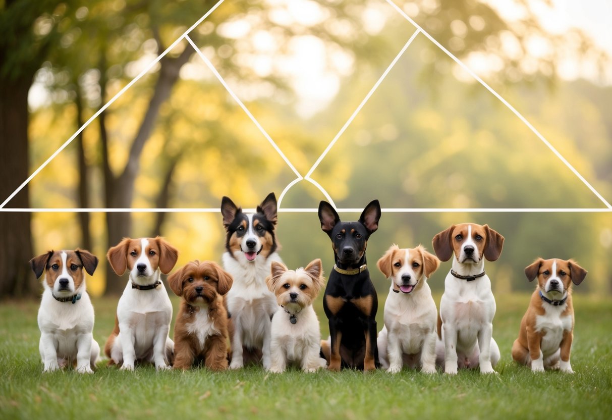 A group of adorable dogs of various breeds arranged in a composition that highlights their symmetry and proportions according to the Golden Ratio