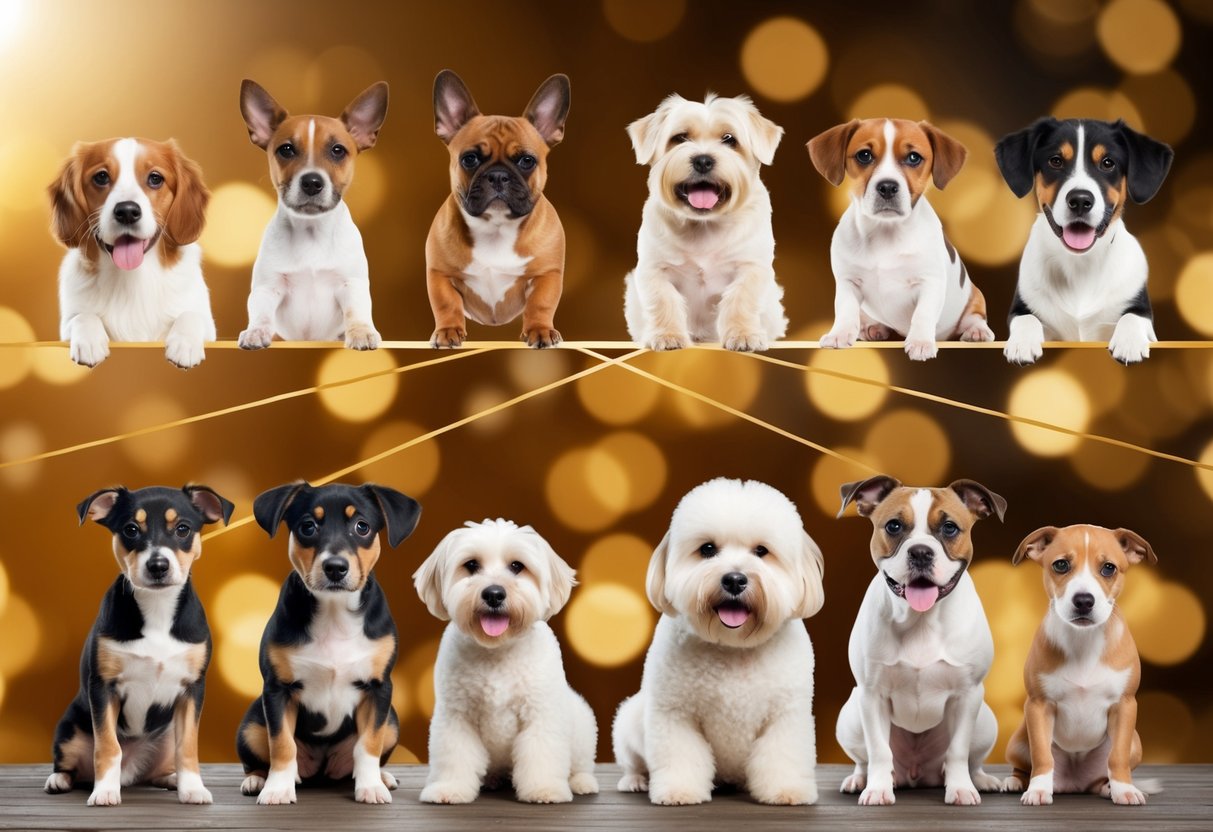 A group of adorable dog breeds arranged in a harmonious composition following the golden ratio, with attention to their unique features and proportions