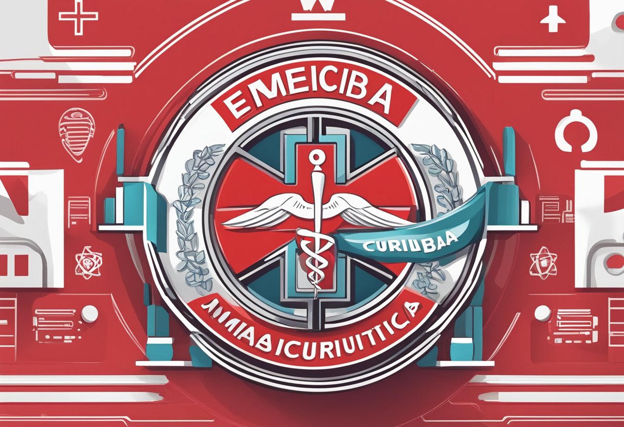 Um símbolo médico em um fundo vermelho e branco com um número de telefone e as palavras "Emergências Médicas Curitiba" abaixo