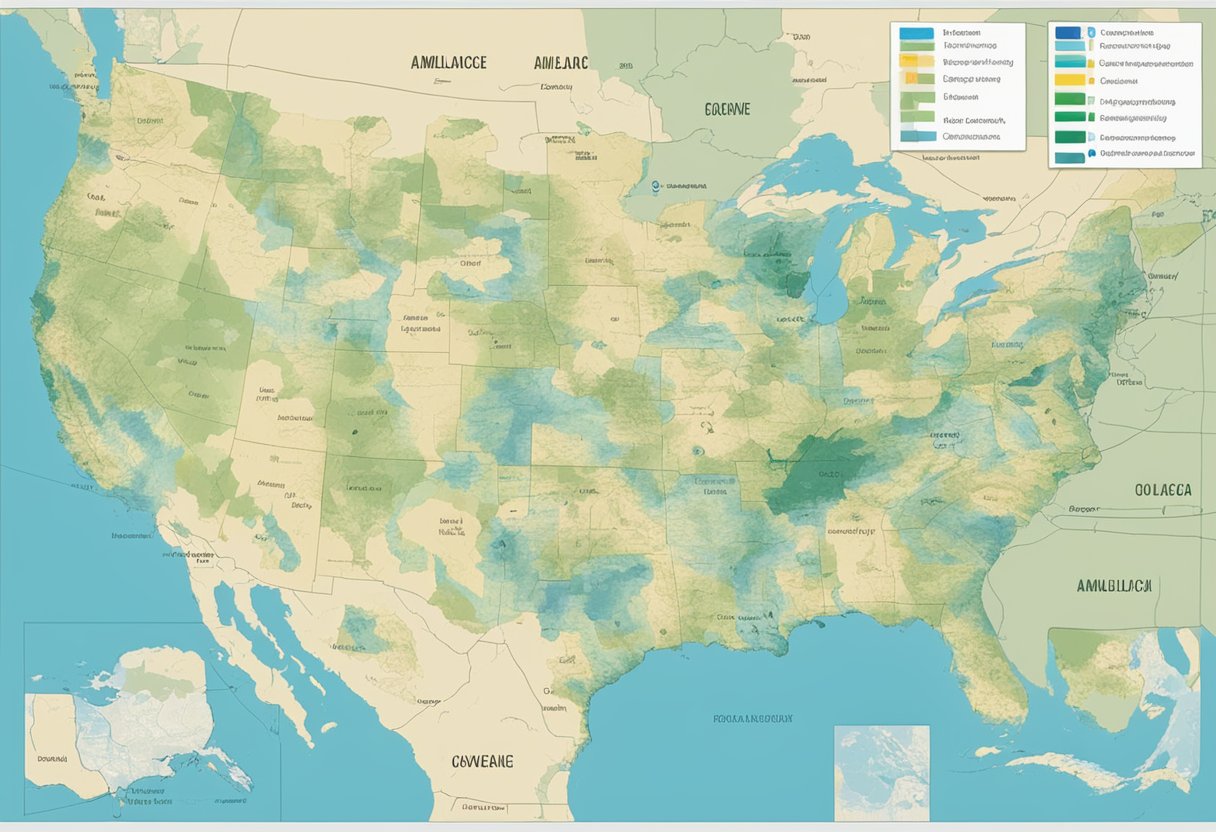 Um mapa mostrando a cobertura de ambulâncias em diferentes áreas geográficas, com ambulâncias particulares disponíveis para transporte.