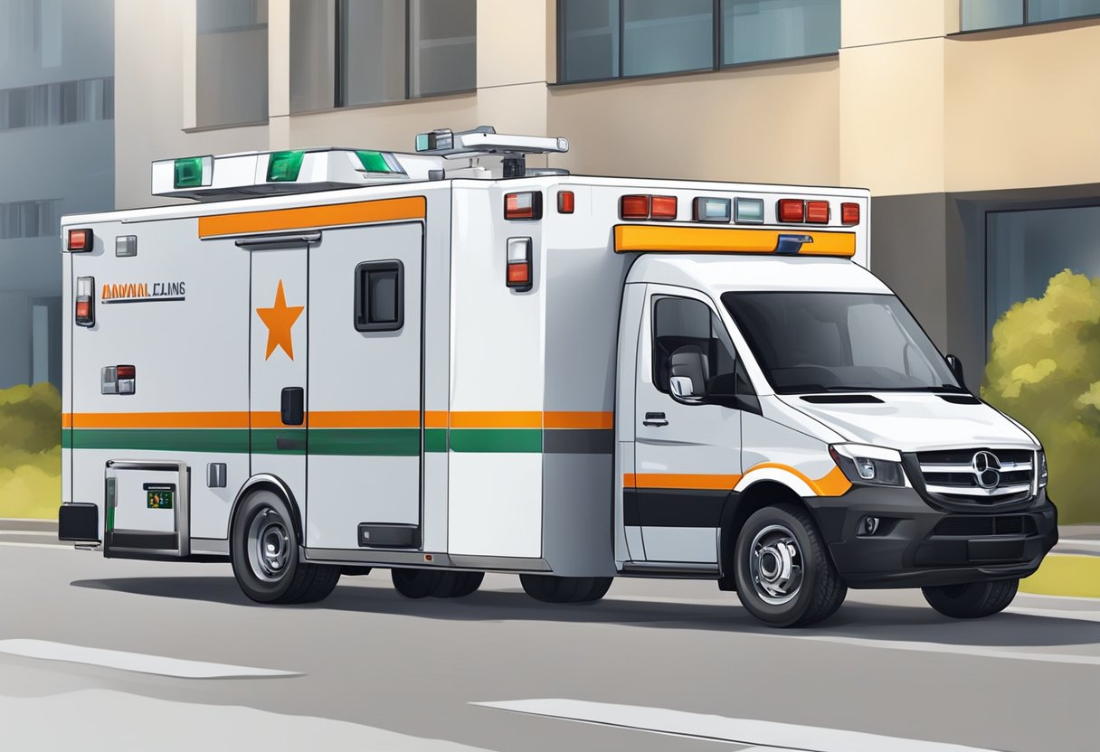 Uma ambulância moderna sendo atendida com equipamentos de tecnologia avançada