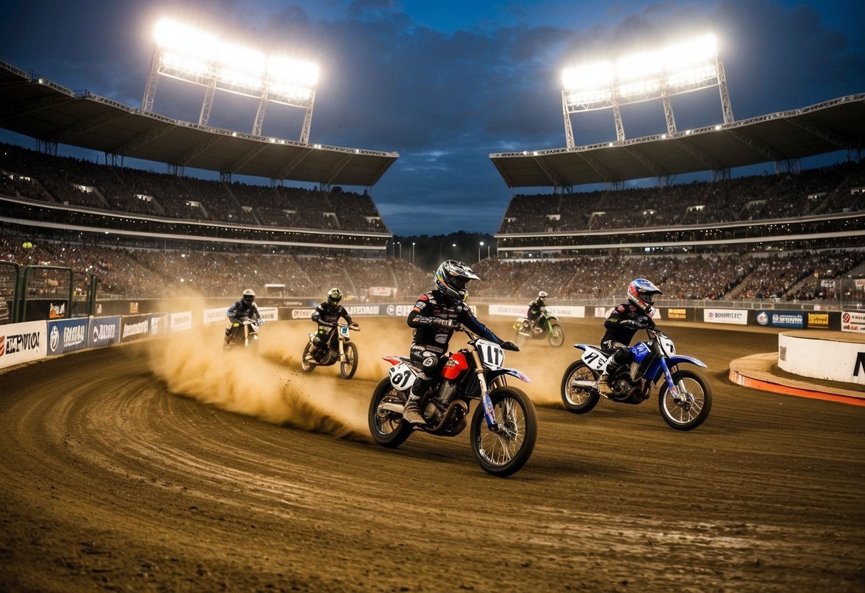 Ett fullt stadium under strålkastarljuset vid ett Speedway GP-evenemang. Motorcyklar som tävlar runt en grusbana och kickar upp moln av damm.