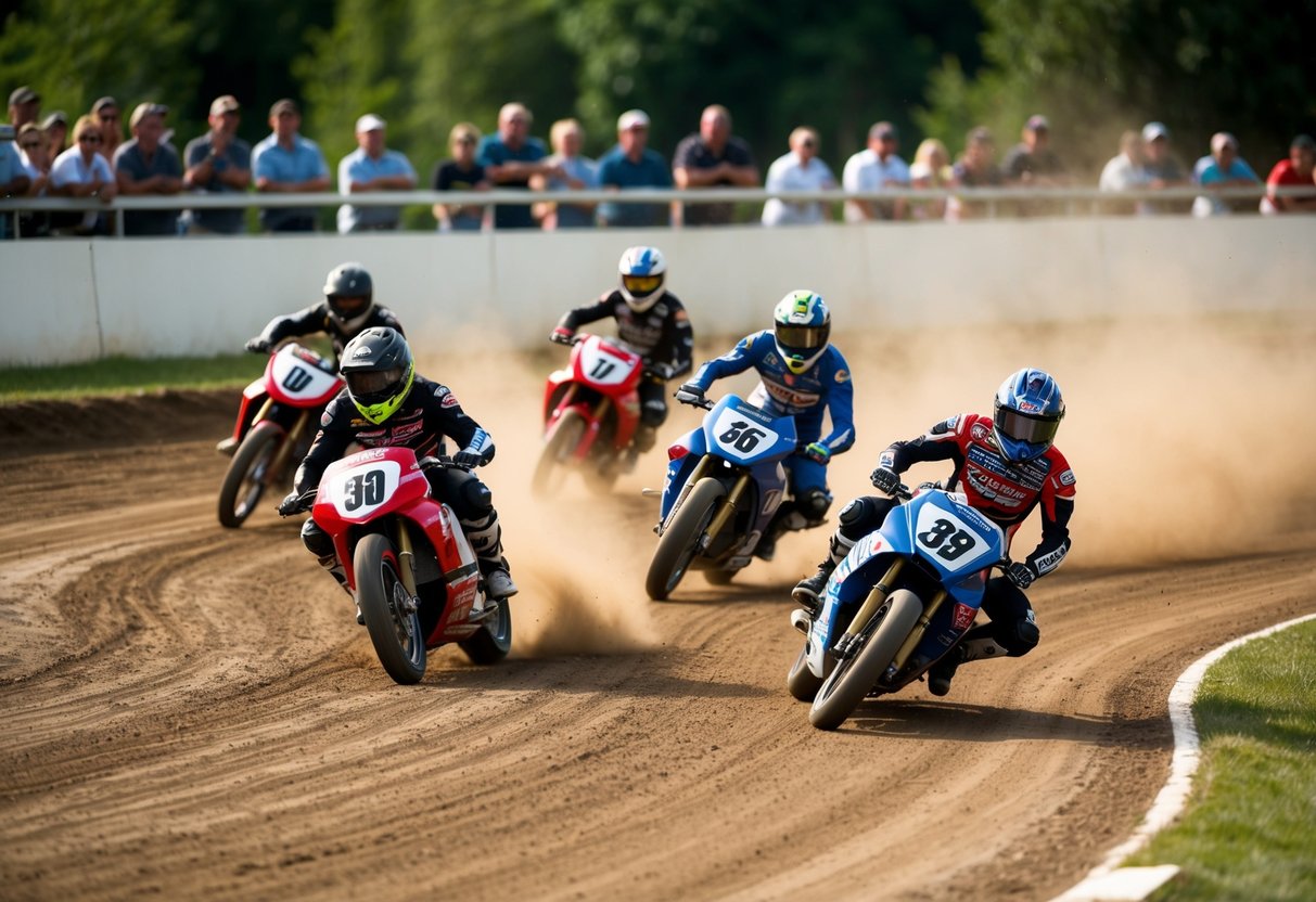 Ett Speedway GP-lopp: fyra motorcyklar som kör snabbt runt en grusbanan och kickar upp moln av damm när de lutar sig in i skarpa svängar. Åskådare hejar från läktarna.