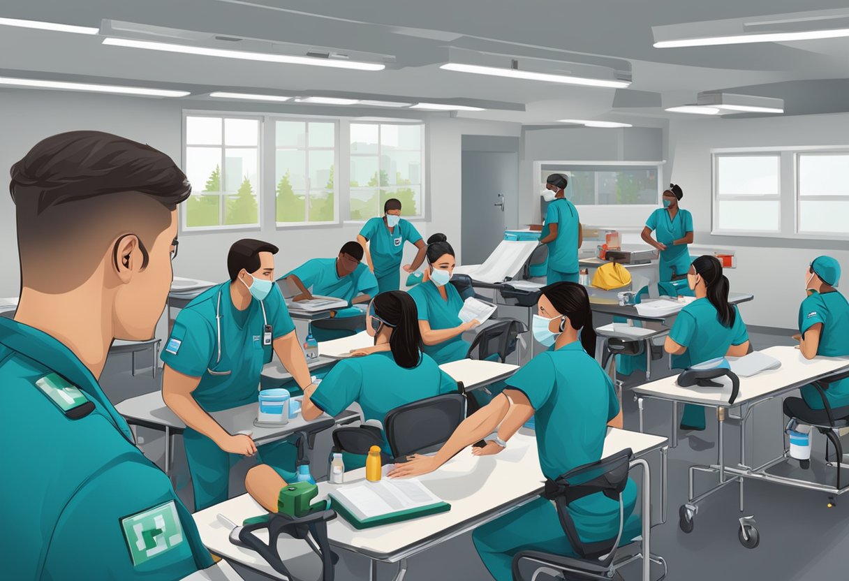 Um grupo de paramédicos e técnicos de emergência médica (EMTs) passa por treinamento e certificação em um ambiente de sala de aula, com equipamentos médicos e ambulâncias ao fundo.