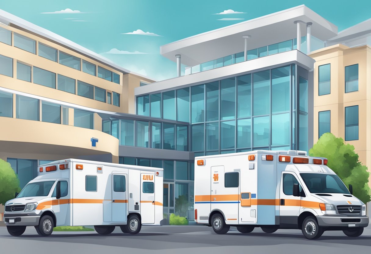 Uma unidade de UTI móvel e ambulâncias estacionadas do lado de fora de um hospital, com equipamentos médicos e funcionários visíveis através das janelas.