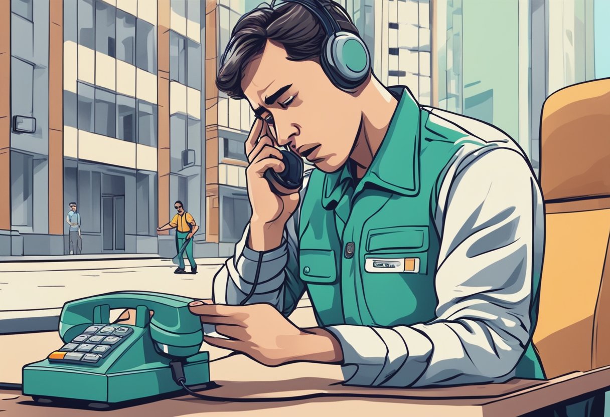 Google qual é o número da ambulância: Guia de Emergências no Brasil 3 Uma pessoa discando freneticamente um telefone com uma expressão preocupada, enquanto uma ambulância passa apressada ao fundo.