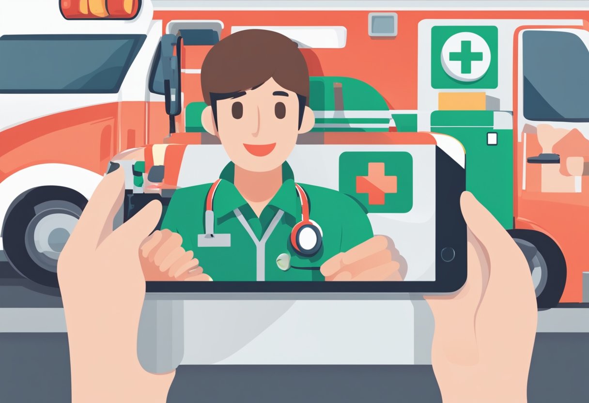 Google qual é o número da ambulância: Guia de Emergências no Brasil 8 Uma pessoa pesquisando "Prevenção e Educação em Primeiros Socorros" no Google, com um telefone na mão, enquanto o número de uma ambulância é exibido na tela.