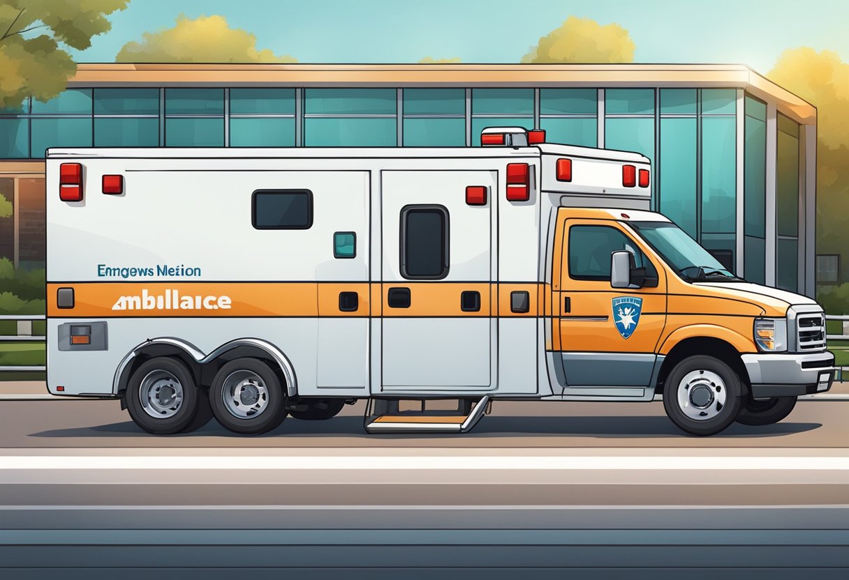 Uma ambulância estacionada perto da entrada de um evento esportivo, com luzes de emergência piscando e equipamentos médicos visíveis através das janelas.