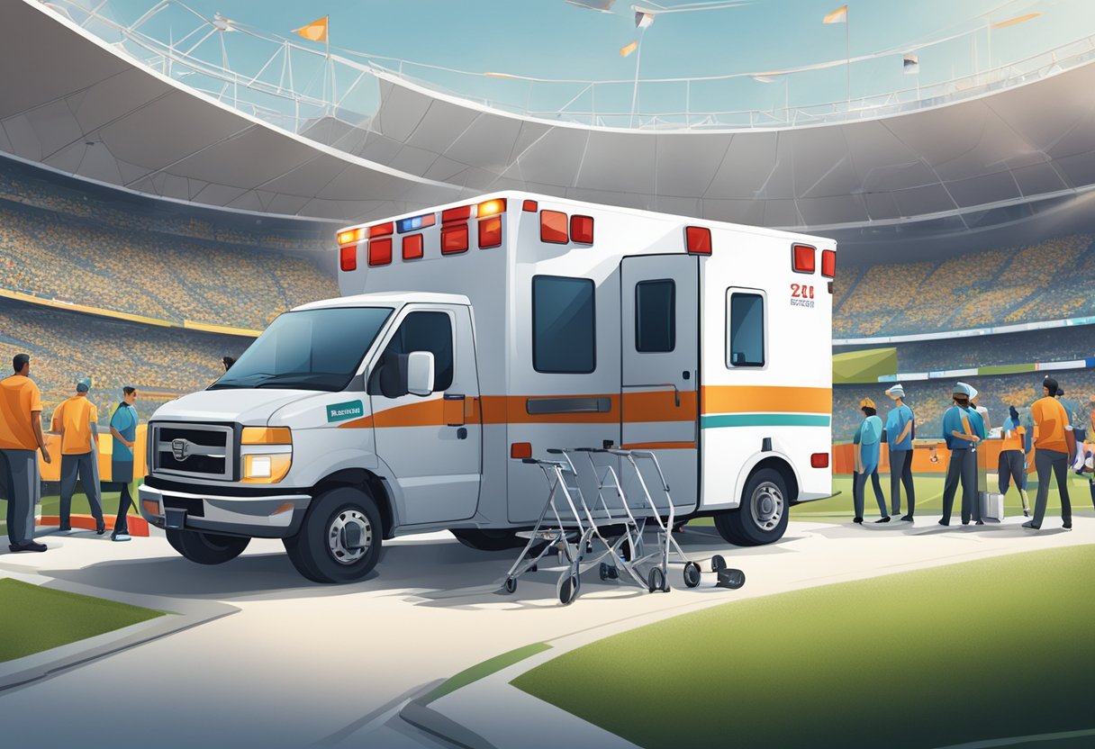 Uma ambulância estacionada perto de um evento esportivo, com suprimentos médicos e pessoal pronto para ajudar.