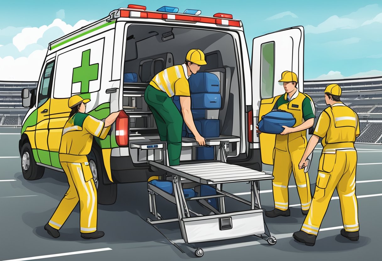 Equipe de ambulância em um evento esportivo, carregando equipamentos no veículo