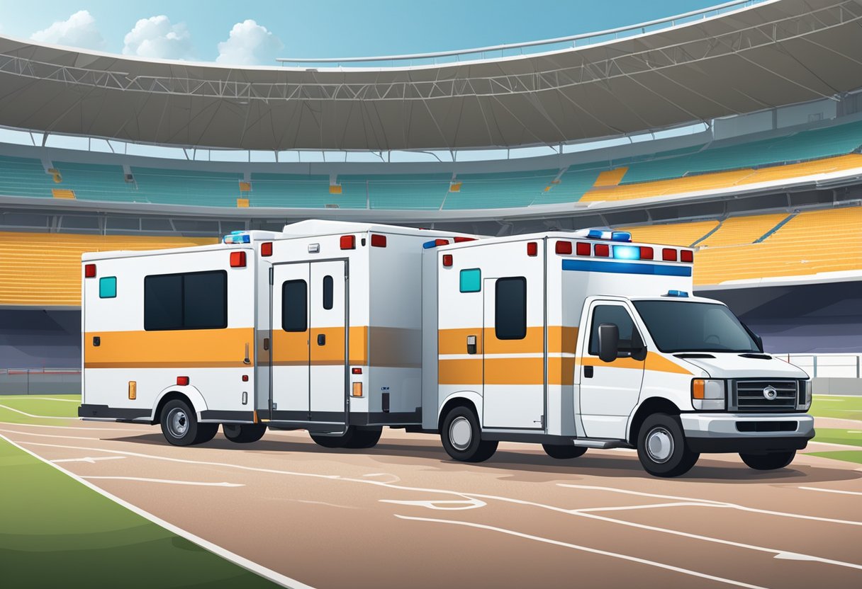 Uma ambulância estacionada perto de um estádio esportivo, com equipamentos médicos e pessoal prontos para ajudar em caso de emergências.