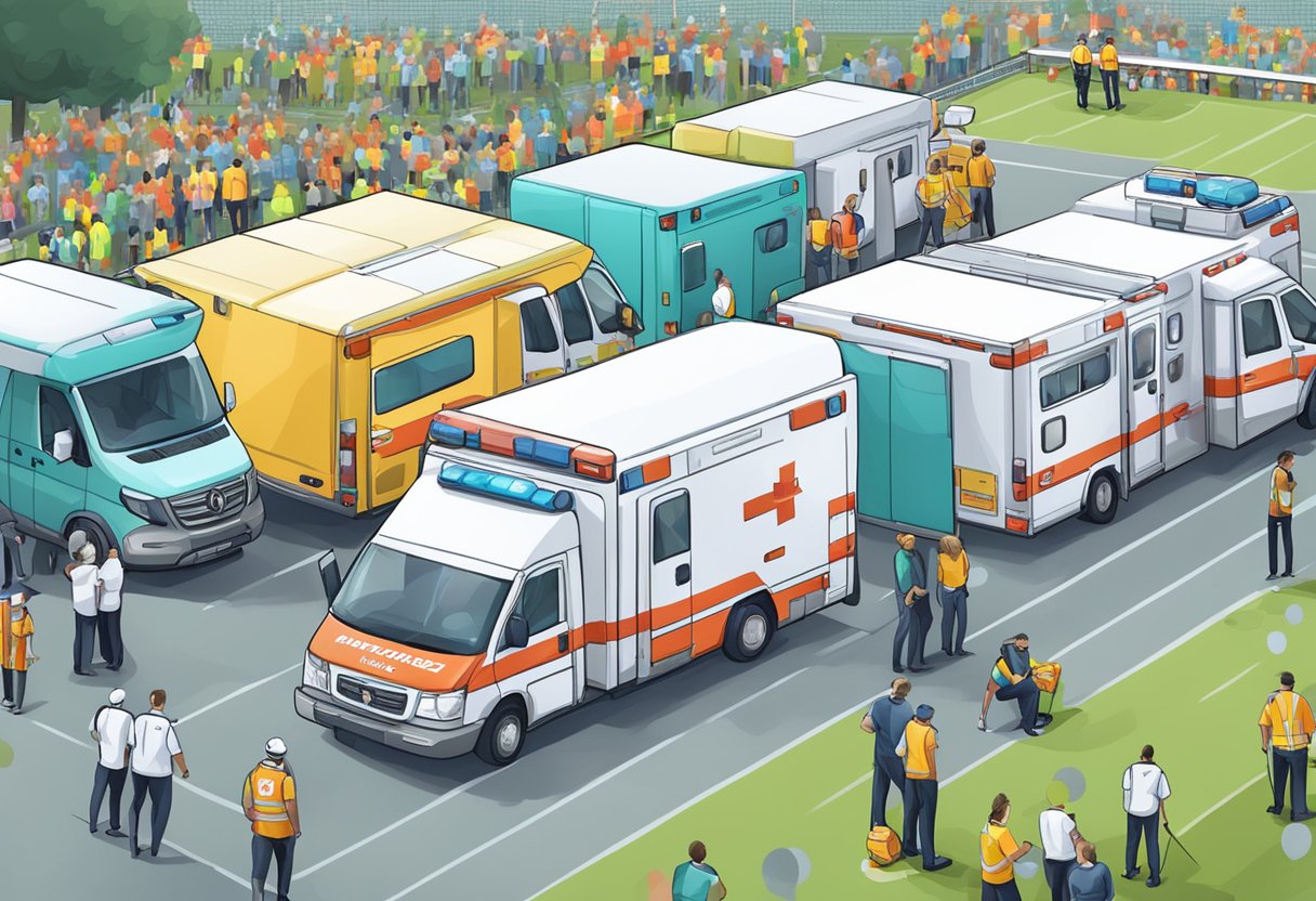Uma ambulância estacionada em um evento esportivo, com equipe médica e equipamentos prontos para situações de emergência.