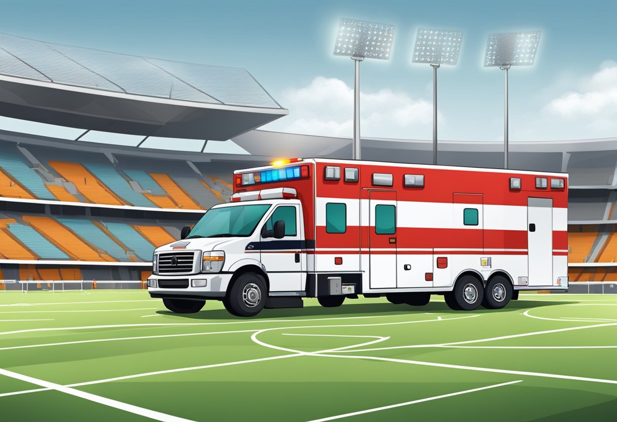 Uma ambulância estacionada perto de um estádio esportivo, com equipamentos médicos e pessoal prontos para emergências.