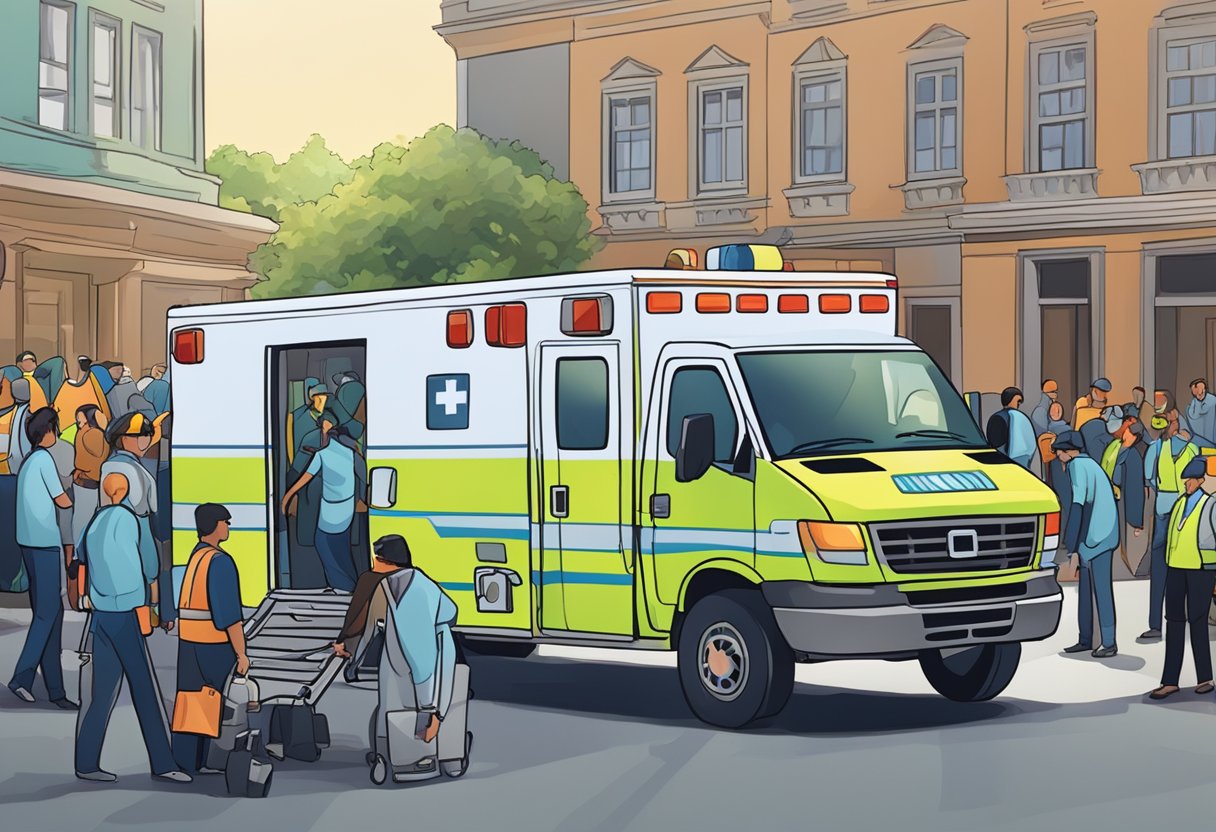 Uma ambulância estacionada perto de um evento lotado, com paramédicos atendendo a um paciente em uma maca.