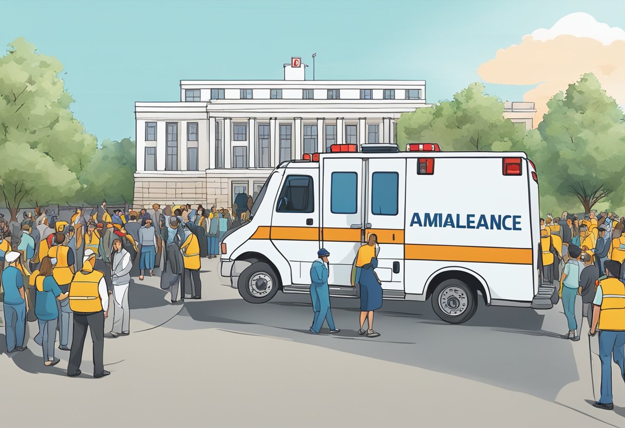 Uma ambulância estacionada do lado de fora de um grande local de eventos, com uma multidão de pessoas ao fundo e funcionários do evento direcionando o tráfego.