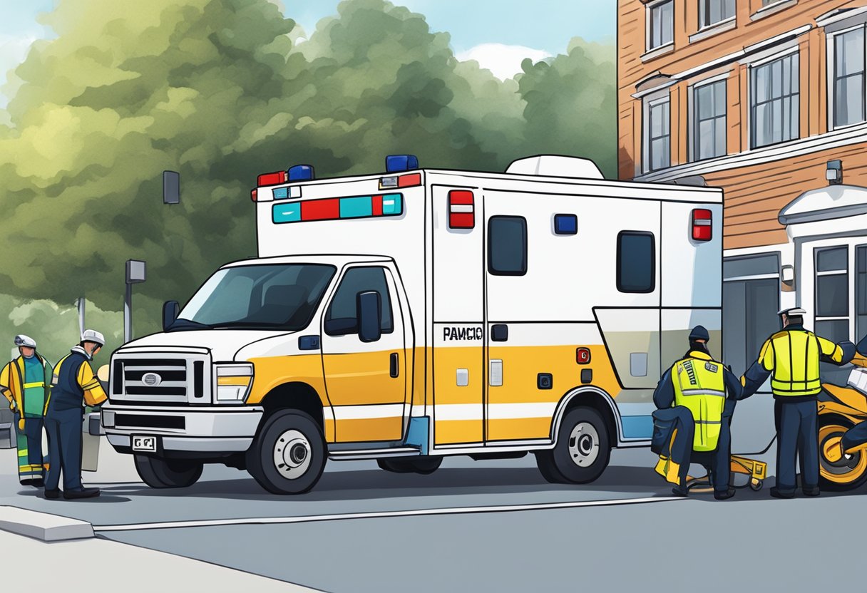 Uma ambulância estacionada do lado de fora de um local, com paramédicos descarregando equipamentos e se preparando para um evento