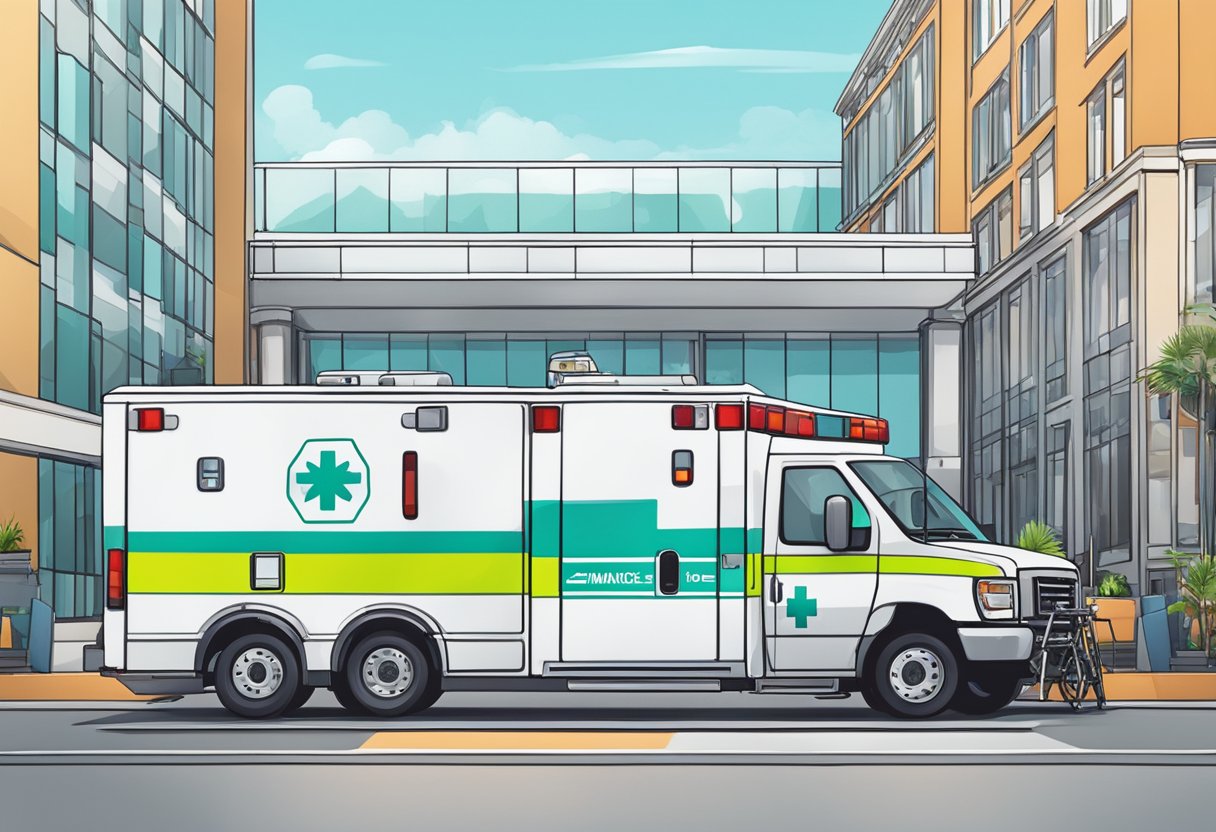 Uma ambulância estacionada do lado de fora de um local de evento, com uma equipe de paramédicos e equipamentos médicos prontos para planejamento e orçamento personalizados.
