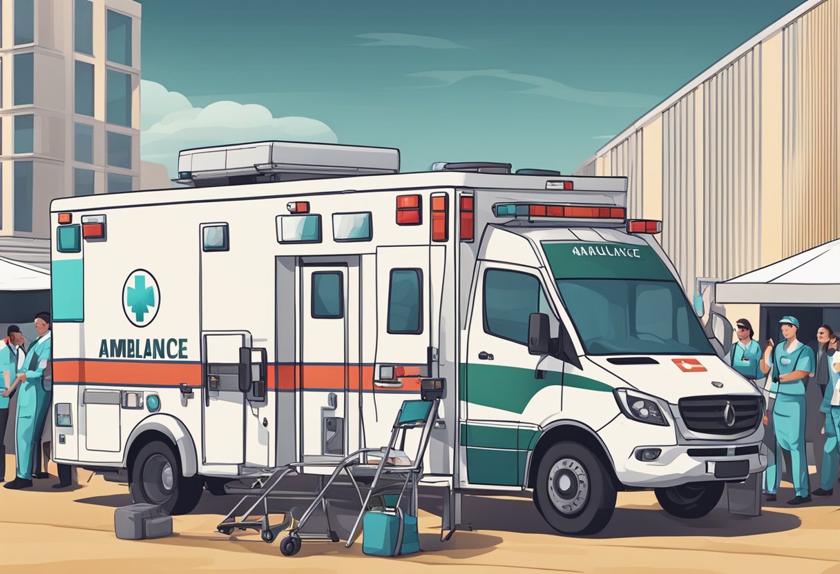 Uma ambulância estacionada em um evento ao ar livre, com equipe médica e equipamentos prontos para operação