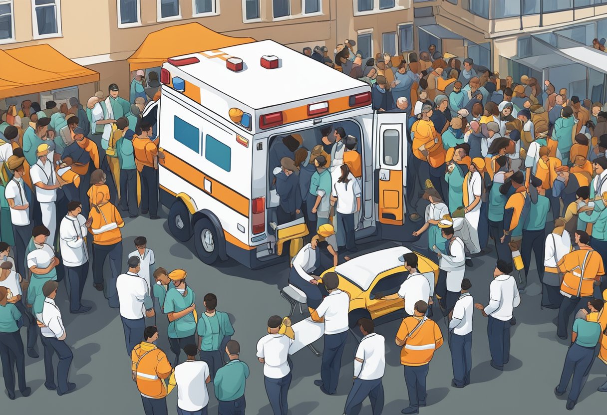 Uma ambulância estacionada do lado de fora de um evento lotado, com paramédicos atendendo a um paciente em uma maca.