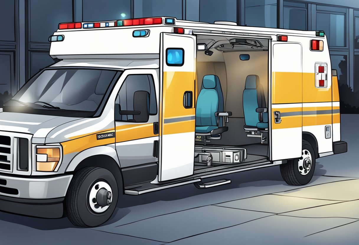 Uma ambulância estacionada em um local de evento, com suas luzes piscando e equipamentos médicos visíveis através das portas traseiras abertas.