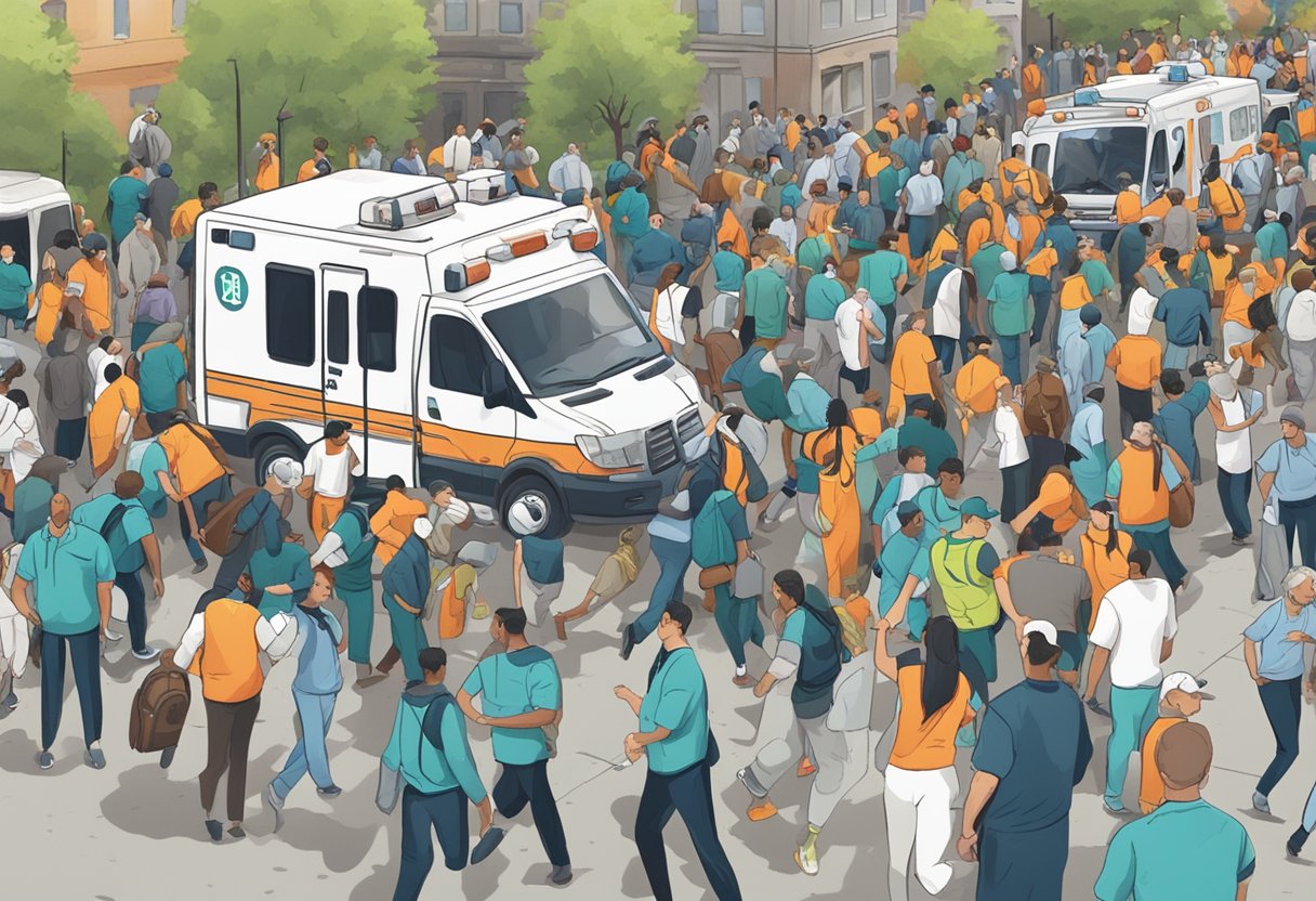 Um evento lotado com pessoas em apuros, uma equipe médica correndo com equipamentos e uma ambulância esperando do lado de fora