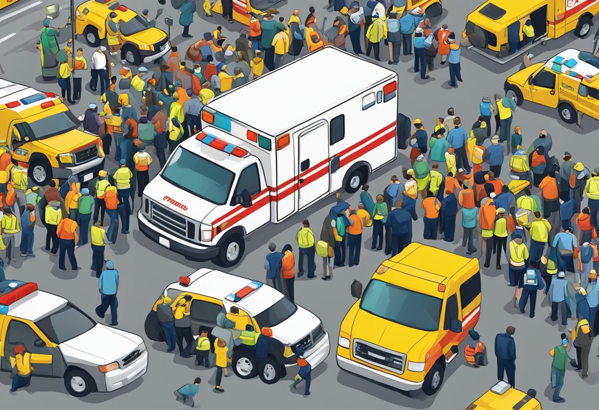 Uma ambulância estacionada em um evento lotado, com pessoas reunidas ao redor e pessoal de emergência em espera.