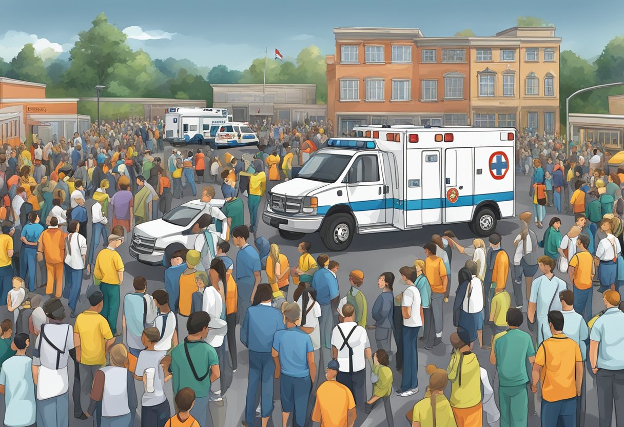 Um evento lotado com uma ambulância especializada em espera, equipada com suprimentos médicos e equipe pronta para fornecer atendimento de emergência.