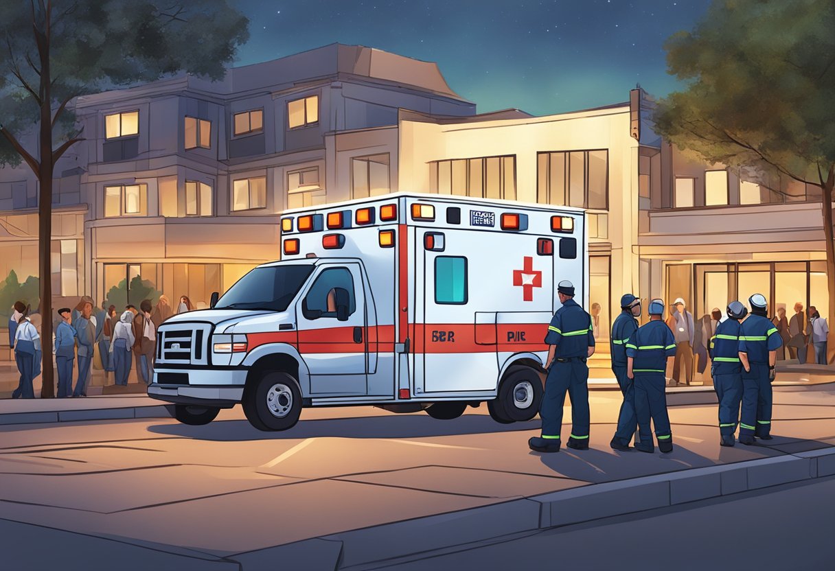 Uma ambulância estacionada do lado de fora de um local de evento, com luzes piscando e paramédicos atendendo a um paciente em uma maca.