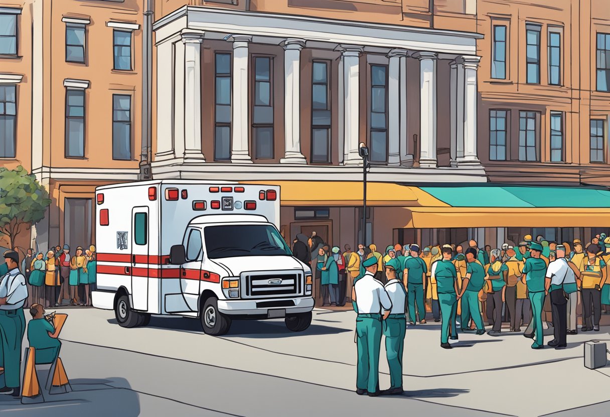 Uma ambulância estacionada do lado de fora de um movimentado local de eventos, com paramédicos à disposição e participantes circulando.